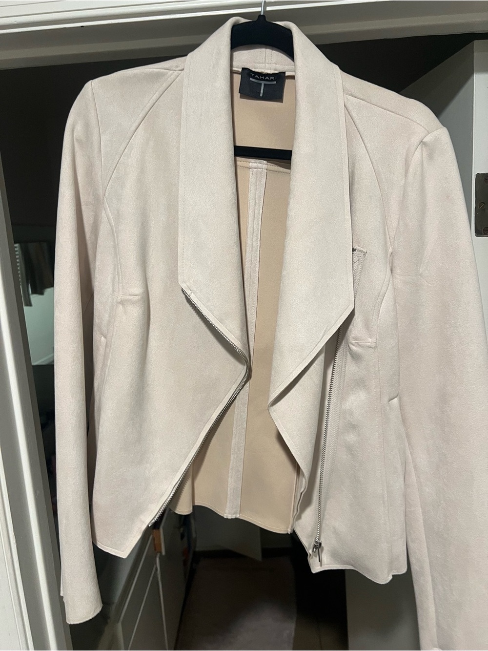 Tahari Cream Faux Suede Open-Front Draped Jacket
